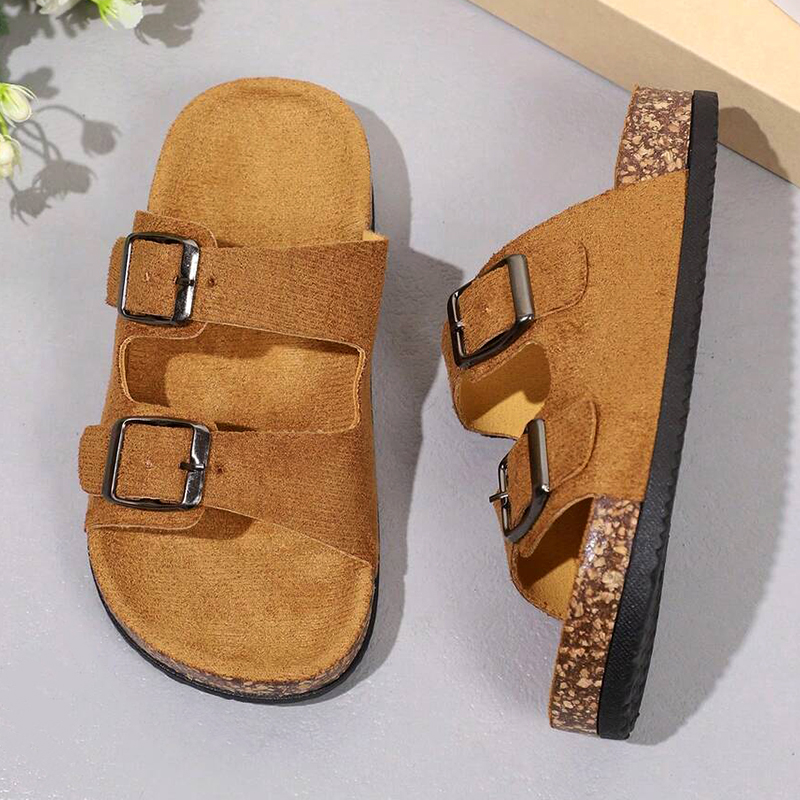 SXCHEN Kids' Brown Suede Double Buckle Sandals, Two Adjustable Straps Slip-On Slides With Soft Cork Footbed, Lightweight Non-Slip Sole, All Sizes, Versatile Home & Playground Footwear For Children
