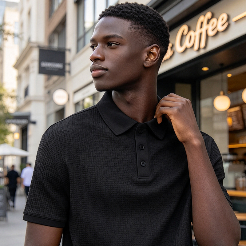 SXCHEN Men Clothes Casual Polo Shirts Men's Clothing T-Shirt Black Waffle Knit Short Sleeve Breathable Skin Friendly Fabric Slim Fit T-Shirt For Business Office Daily Outdoor Casual Wear