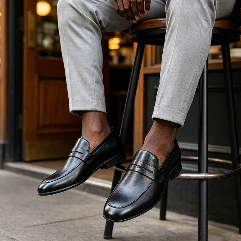 SXCHEN Men's Classic Penny Loafers, Black Artificial Leather Slip-On Formal Shoes With Textured Upper, Comfort Cushioned Insole, Versatile Business & Everyday Dress Footwear For Men