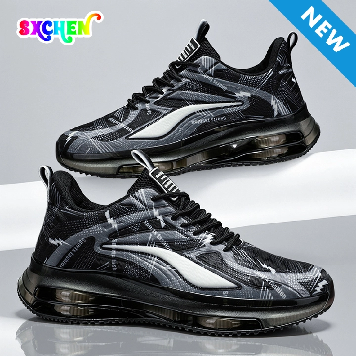 SXCHEN Men Shoes Sports Casual Printed Men's Cushion Running Shoe New Summer Flats Sneakers Breathable Fly Woven Mesh Upper, Lace Up Shock Absorb Non Slip Fashion Athletic For Fitness Outdoor Black