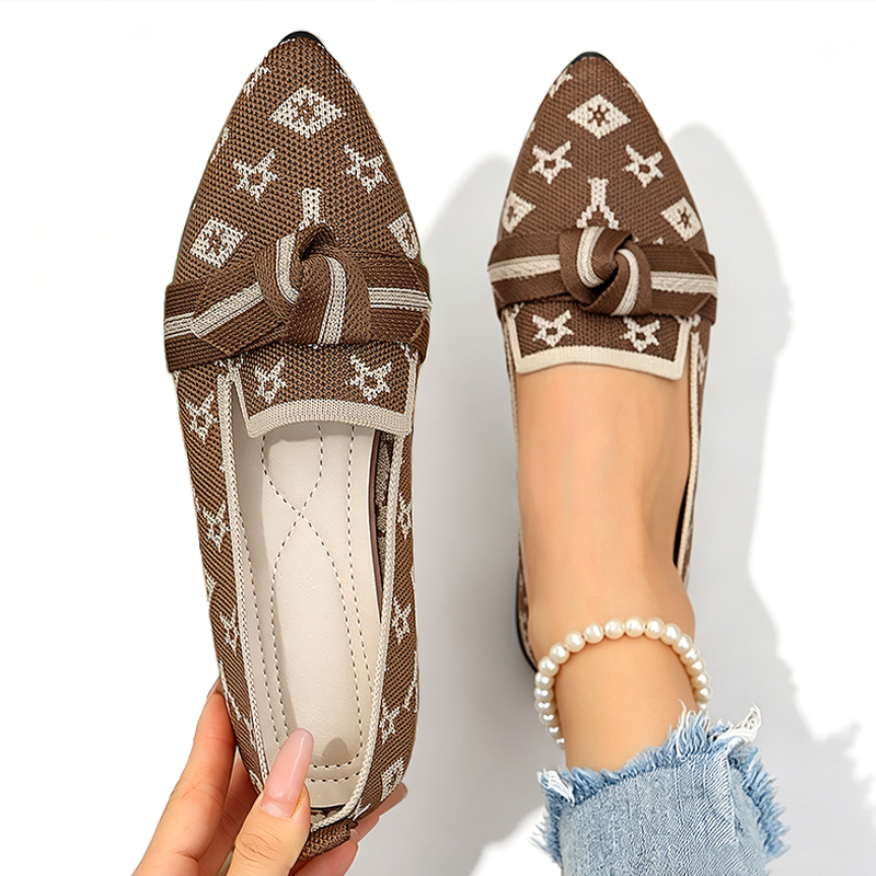 SXCHEN Women Shoes Flats Loafers Casual Slip-On Sneakers Canvas Flat shoe Brown Printed Knit Pointed Toe Bow Decor Breathable Stretch Woven Fabric Comfort Ladies Janey For Shopping Office Daily Wear