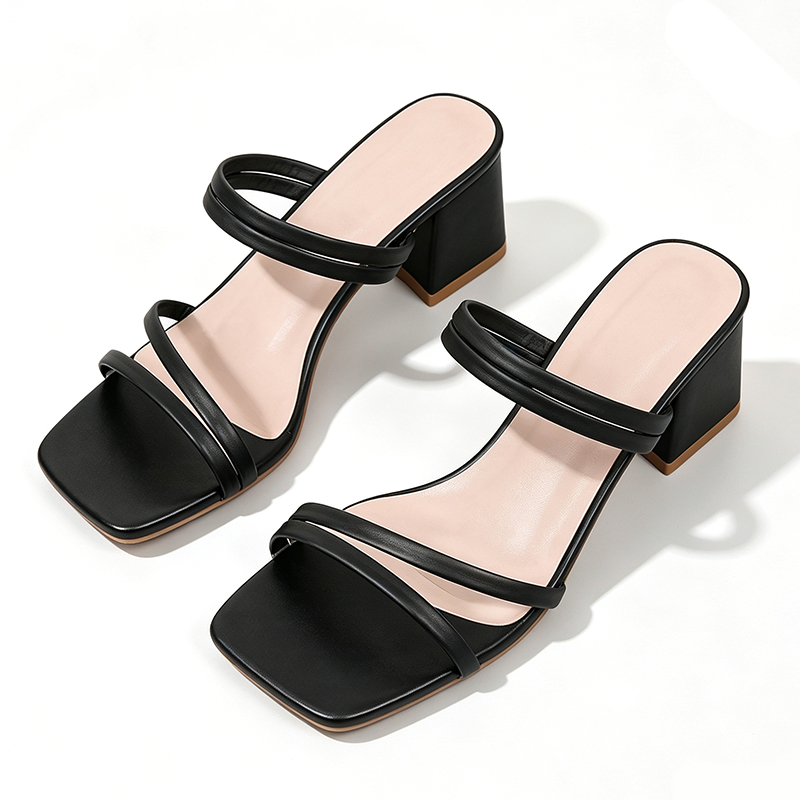 SXCHEN Women shoes Black Square Toe Block Heel Sandals, Thin Multi-Strap Slingback Mid-Heel Shoes, Minimalist Open Toe Faux Leather Heeled Slides, Casual & Dress Party Footwear For Ladies