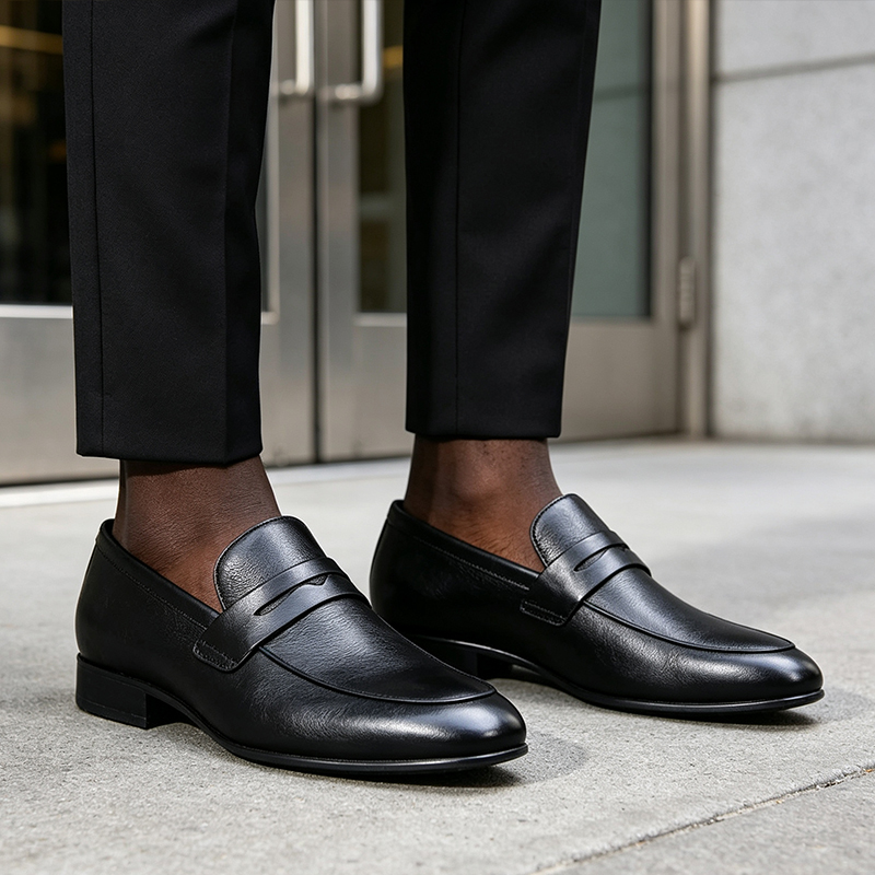 SXCHEN Men's Classic Penny Loafers, Black Artificial Leather Slip-On Formal Shoes With Textured Upper, Comfort Cushioned Insole, Versatile Business & Everyday Dress Footwear For Men