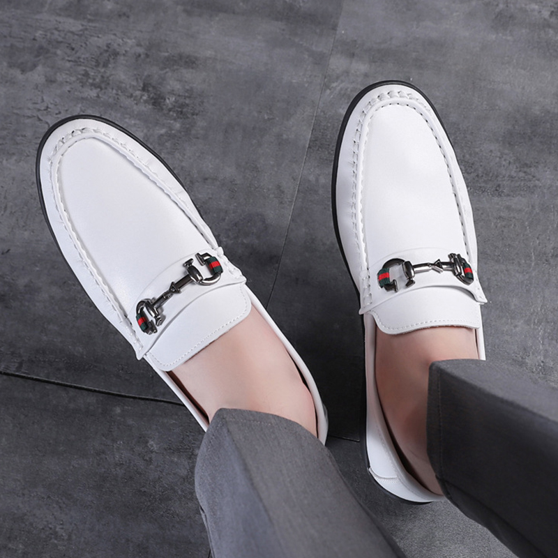 SXCHEN Men's White Casual Horsebit Loafers, Slip-On Faux Leather Shoes With Classic Metal Ornament And Web Detail, Comfort Cushioned Insole, Multiple Sizes,Trendy Office & Daily Wear Footwear For Guys