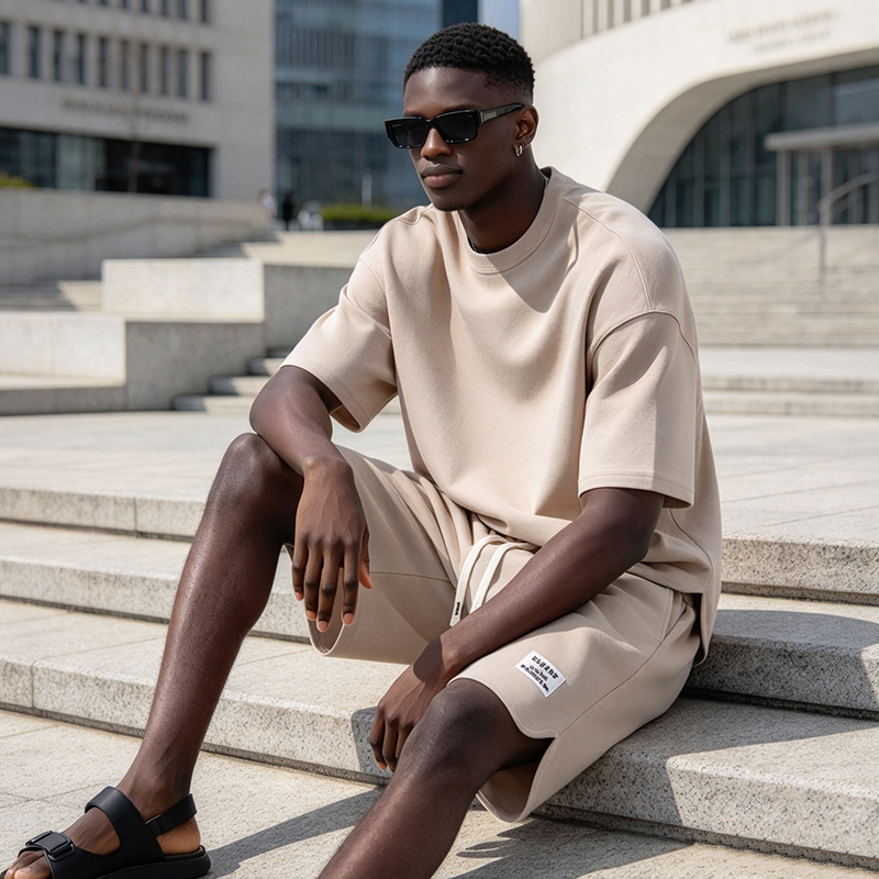 SXCHEN Men Clothes Clothing T-Shirt+Short Two-Piece Outfits Summer Casual Men's T-shirt Plain Crew Neck Curved Hem Tee, Elastic Waist Drawstring Label Shorts, Lightweight Comfort Sport Suit