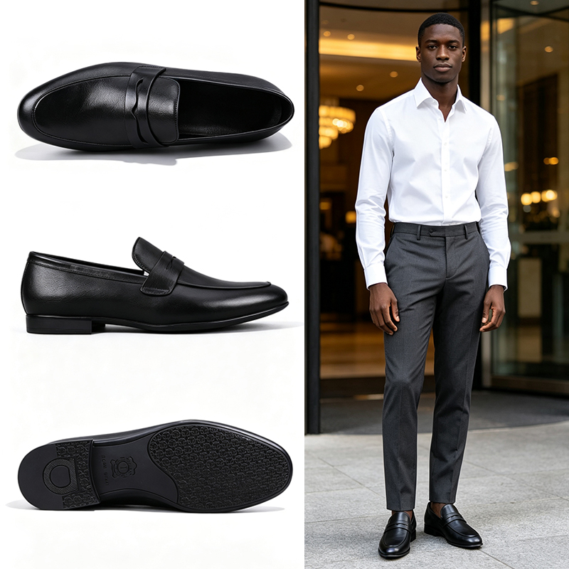 SXCHEN Men's Classic Penny Loafers, Black Artificial Leather Slip-On Formal Shoes With Textured Upper, Comfort Cushioned Insole, Versatile Business & Everyday Dress Footwear For Men