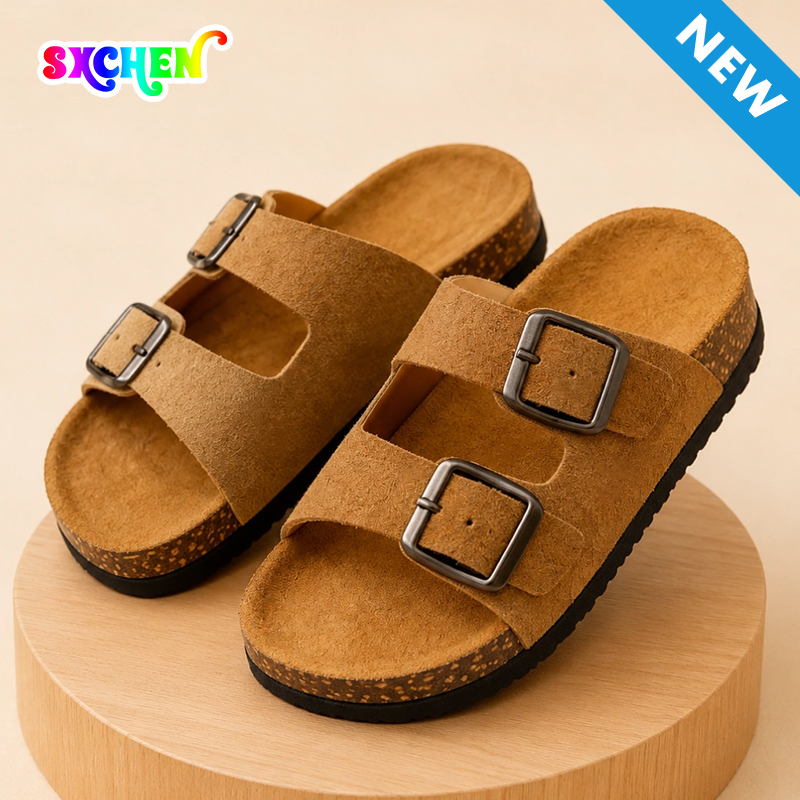SXCHEN Kids' Brown Suede Double Buckle Sandals, Two Adjustable Straps Slip-On Slides With Soft Cork Footbed, Lightweight Non-Slip Sole, All Sizes, Versatile Home & Playground Footwear For Children