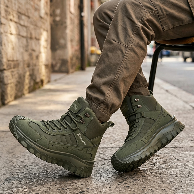 SXCHEN Men's Army Green Mid-Cut Hiking Boots, Waterproof Mesh & Synthetic Outdoor Shoes With Reinforced Toe Cap, Rugged Non-Slip Sole, Breathable Upper,  Trekking & Tactical Footwear For Men