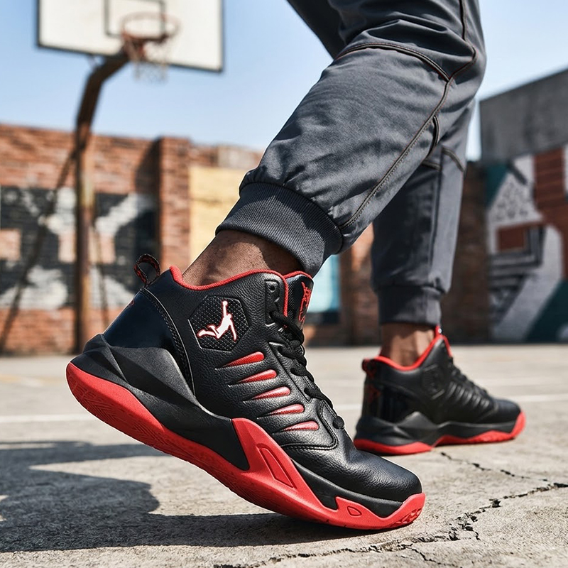 SXCHEN Men's Black Red High-Top Basketball Sneakers, Sport Logo Shoes With Shock Absorbing Midsole, Non-Slip Rubber Outsole, Plus Size Friendly, Training, Matches & Street Style Footwear For Men