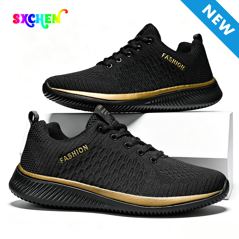 SXCHEN Men Shoes Fashion Casual Men's Sneakers Mesh Sports Shoe Breathable Air Permeable Knitted Surface Wear Resistant Comfort Cushion Insole Training Footwear For Commute Travel Outdoor Black Gold