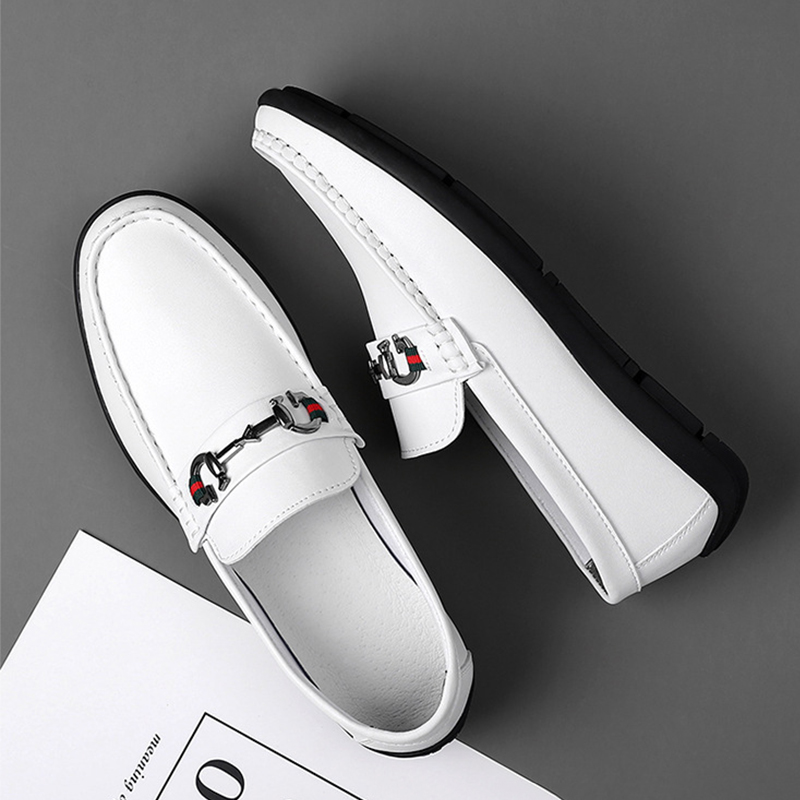 SXCHEN Men's White Casual Horsebit Loafers, Slip-On Faux Leather Shoes With Classic Metal Ornament And Web Detail, Comfort Cushioned Insole, Multiple Sizes,Trendy Office & Daily Wear Footwear For Guys