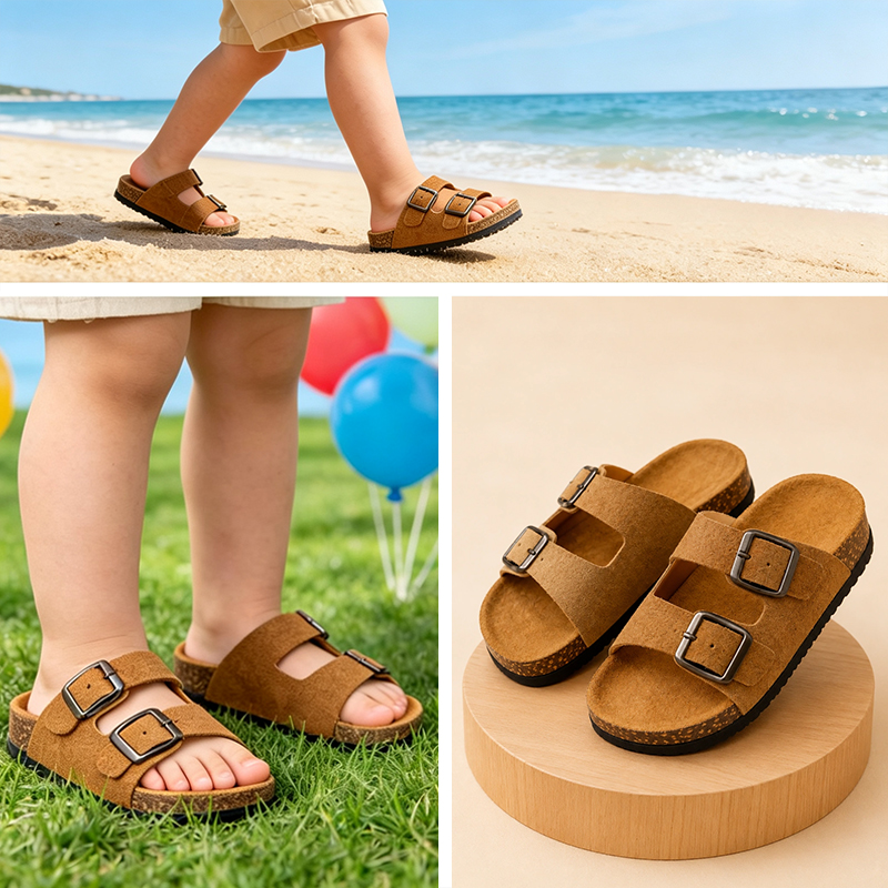 SXCHEN Kids' Brown Suede Double Buckle Sandals, Two Adjustable Straps Slip-On Slides With Soft Cork Footbed, Lightweight Non-Slip Sole, All Sizes, Versatile Home & Playground Footwear For Children