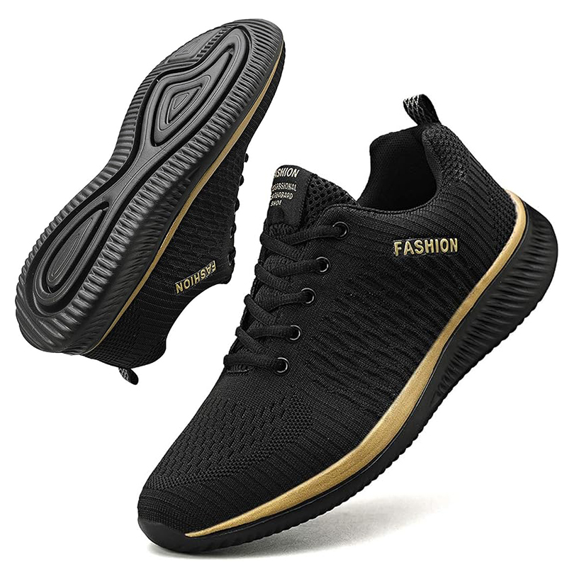 SXCHEN Men Shoes Fashion Casual Men's Sneakers Mesh Sports Shoe Breathable Air Permeable Knitted Surface Wear Resistant Comfort Cushion Insole Training Footwear For Commute Travel Outdoor Black Gold