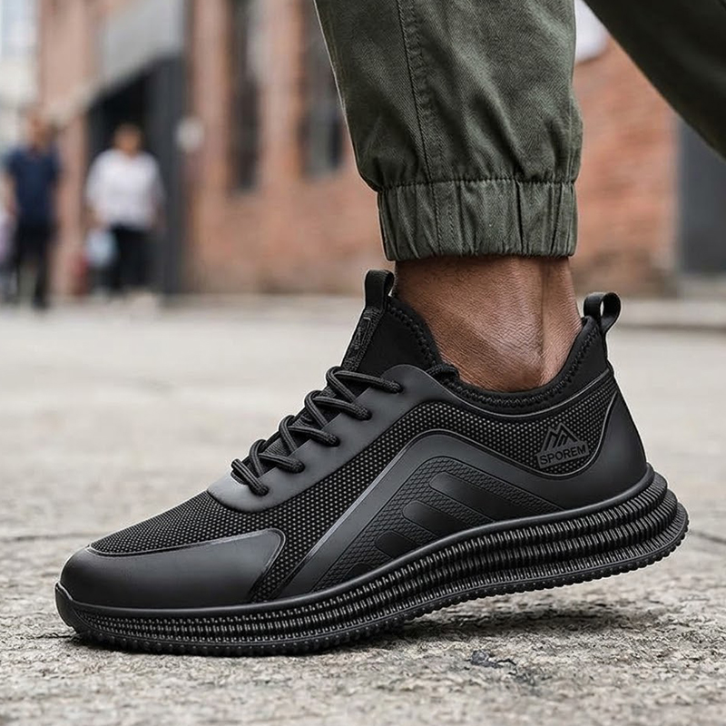 SXCHEN Men Shoes Casual Sneakers Running Shoe Low-Top Breathable Flat Sports Slip-on Business Synthetic Upper Lace Up Shock Absorb Thick Non Slip Sole Men's Work Outdoor Daily Walking Black