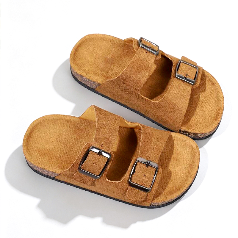 SXCHEN Kids' Brown Suede Double Buckle Sandals, Two Adjustable Straps Slip-On Slides With Soft Cork Footbed, Lightweight Non-Slip Sole, All Sizes, Versatile Home & Playground Footwear For Children