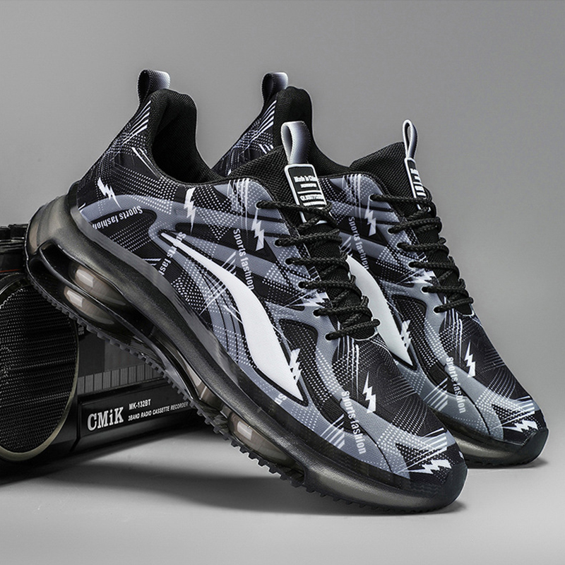 SXCHEN Men Shoes Sports Casual Printed Men's Cushion Running Shoe New Summer Flats Sneakers Breathable Fly Woven Mesh Upper, Lace Up Shock Absorb Non Slip Fashion Athletic For Fitness Outdoor Black