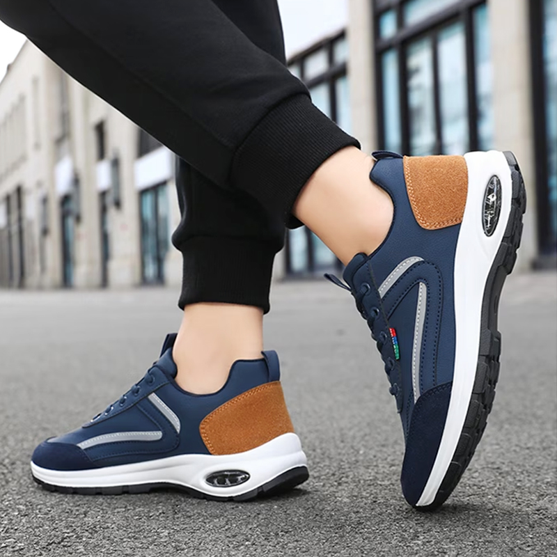 SXCHEN Men shoes Navy Blue & Tan Air Cushion Walking Sneakers, Lightweight Casual Shoes With Breathable Upper, Non-Slip Outsole, Cushioned Insole, Versatile Daily & Outdoor Footwear For Men's