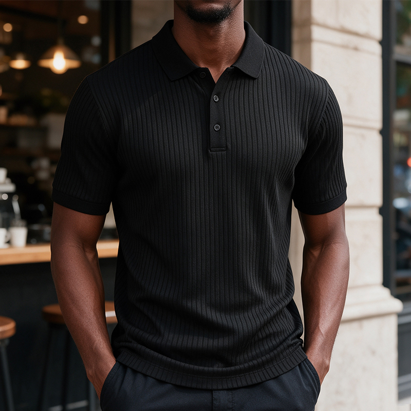 SXCHEN Men Clothes Black Vertical Ribbed Short Sleeve Polo Shirt T-Shirt Turn Down Collar Four Buttons Top Stretch Breathable Knit Fabric Muscle Slim Fit T-Shirt Men's Clothing Outdoor Casual Wear
