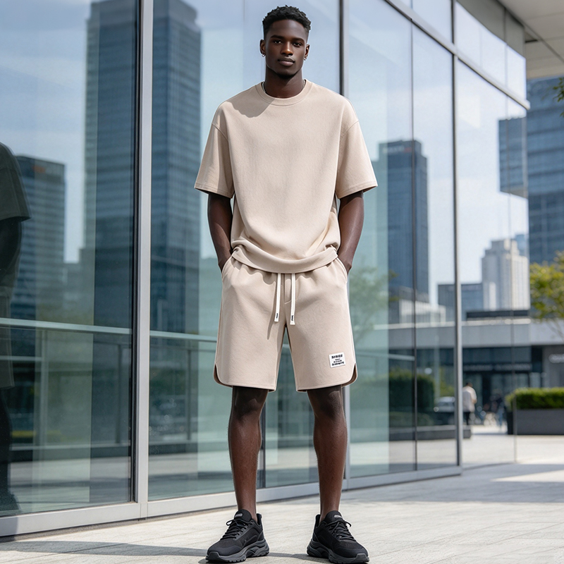 SXCHEN Men Clothes Clothing T-Shirt+Short Two-Piece Outfits Summer Casual Men's T-shirt Plain Crew Neck Curved Hem Tee, Elastic Waist Drawstring Label Shorts, Lightweight Comfort Sport Suit