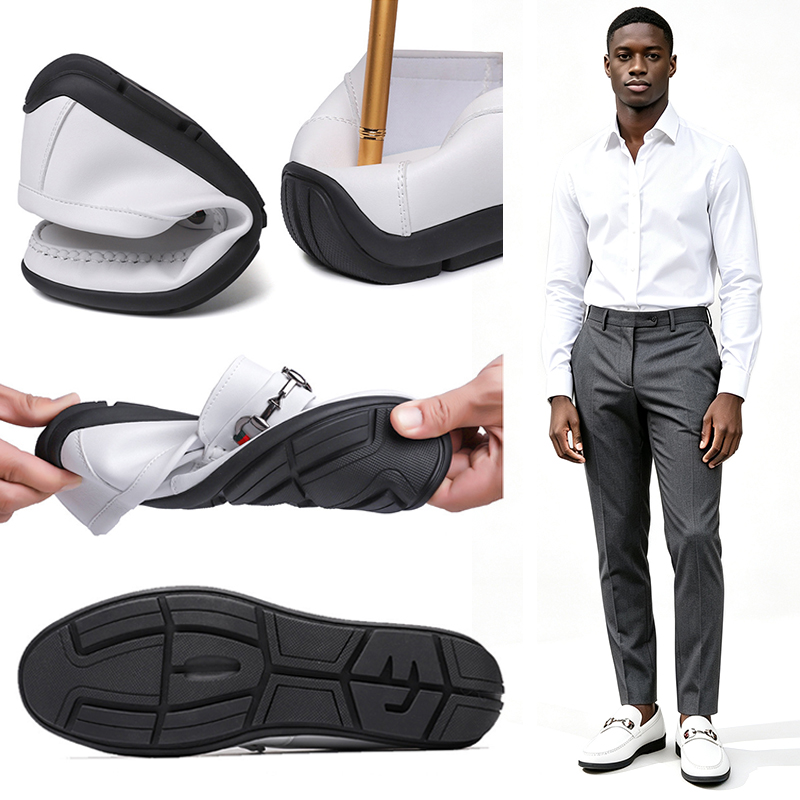 SXCHEN Men's White Casual Horsebit Loafers, Slip-On Faux Leather Shoes With Classic Metal Ornament And Web Detail, Comfort Cushioned Insole, Multiple Sizes,Trendy Office & Daily Wear Footwear For Guys