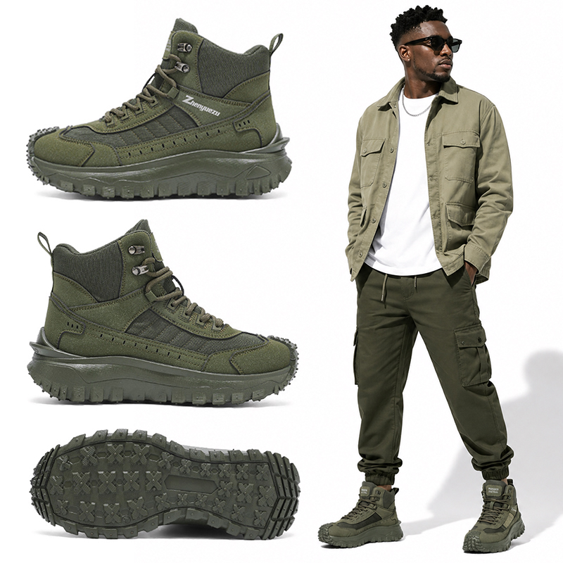 SXCHEN Men's Army Green Mid-Cut Hiking Boots, Waterproof Mesh & Synthetic Outdoor Shoes With Reinforced Toe Cap, Rugged Non-Slip Sole, Breathable Upper,  Trekking & Tactical Footwear For Men