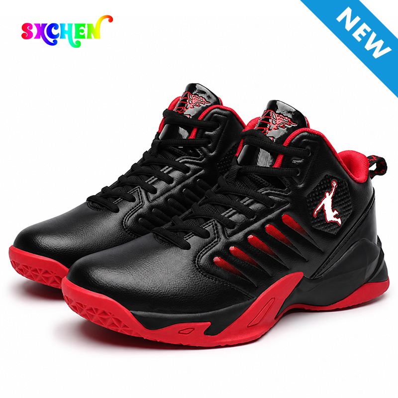 SXCHEN Men's Black Red High-Top Basketball Sneakers, Sport Logo Shoes With Shock Absorbing Midsole, Non-Slip Rubber Outsole, Plus Size Friendly, Training, Matches & Street Style Footwear For Men