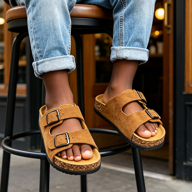 SXCHEN Kids' Brown Suede Double Buckle Sandals, Two Adjustable Straps Slip-On Slides With Soft Cork Footbed, Lightweight Non-Slip Sole, All Sizes, Versatile Home & Playground Footwear For Children
