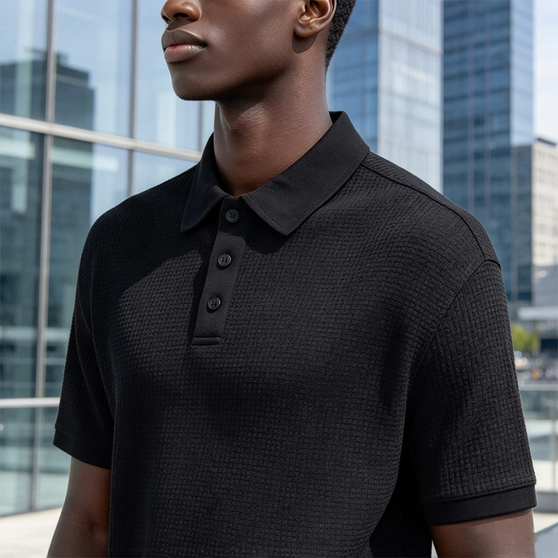 SXCHEN Men Clothes Casual Polo Shirts Men's Clothing T-Shirt Black Waffle Knit Short Sleeve Breathable Skin Friendly Fabric Slim Fit T-Shirt For Business Office Daily Outdoor Casual Wear
