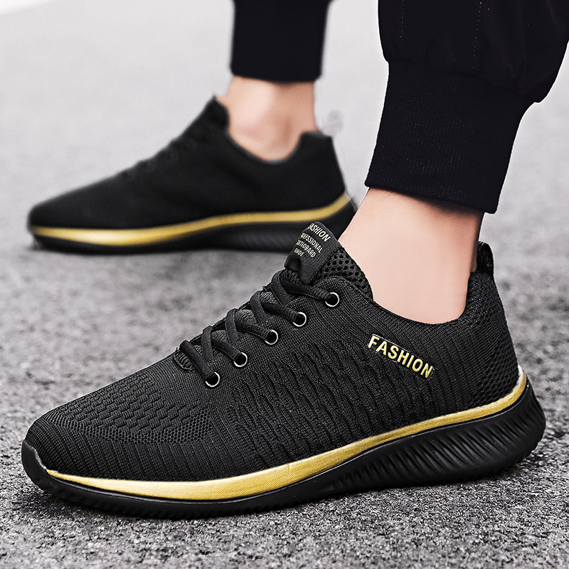 SXCHEN Men Shoes Fashion Casual Men's Sneakers Mesh Sports Shoe Breathable Air Permeable Knitted Surface Wear Resistant Comfort Cushion Insole Training Footwear For Commute Travel Outdoor Black Gold