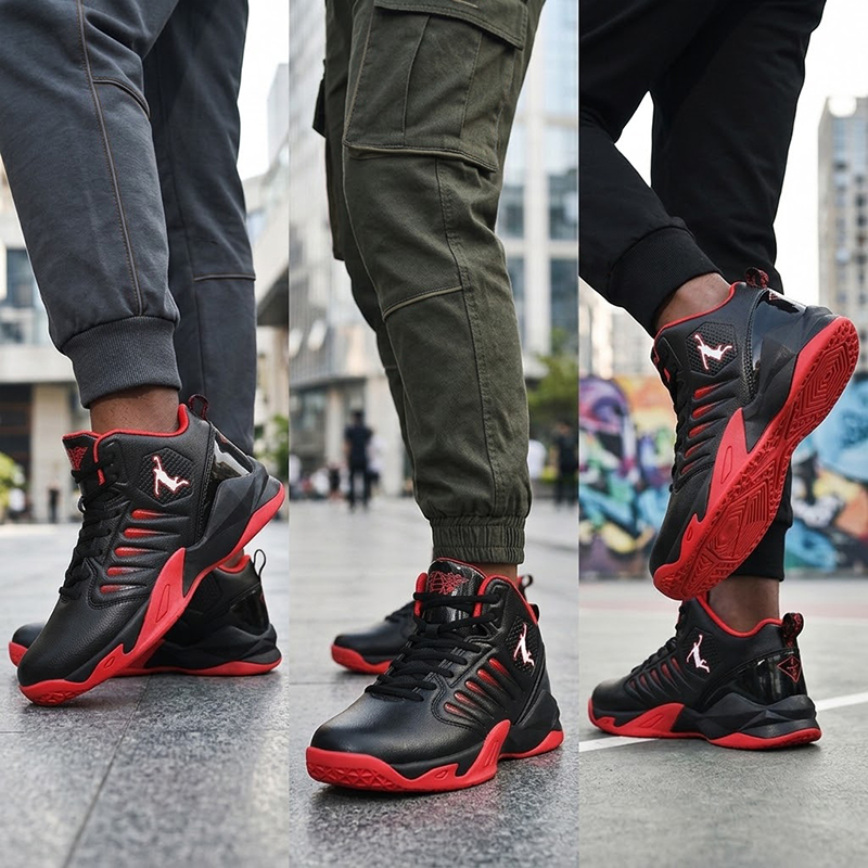 SXCHEN Men's Black Red High-Top Basketball Sneakers, Sport Logo Shoes With Shock Absorbing Midsole, Non-Slip Rubber Outsole, Plus Size Friendly, Training, Matches & Street Style Footwear For Men