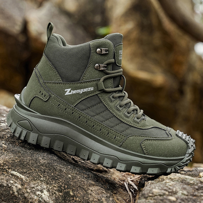 SXCHEN Men's Army Green Mid-Cut Hiking Boots, Waterproof Mesh & Synthetic Outdoor Shoes With Reinforced Toe Cap, Rugged Non-Slip Sole, Breathable Upper,  Trekking & Tactical Footwear For Men