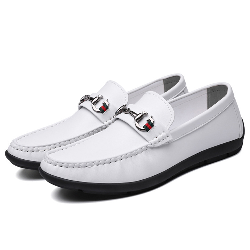 SXCHEN Men's White Casual Horsebit Loafers, Slip-On Faux Leather Shoes With Classic Metal Ornament And Web Detail, Comfort Cushioned Insole, Multiple Sizes,Trendy Office & Daily Wear Footwear For Guys
