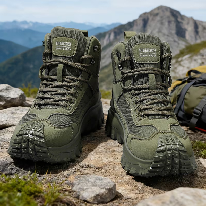 SXCHEN Men's Army Green Mid-Cut Hiking Boots, Waterproof Mesh & Synthetic Outdoor Shoes With Reinforced Toe Cap, Rugged Non-Slip Sole, Breathable Upper,  Trekking & Tactical Footwear For Men