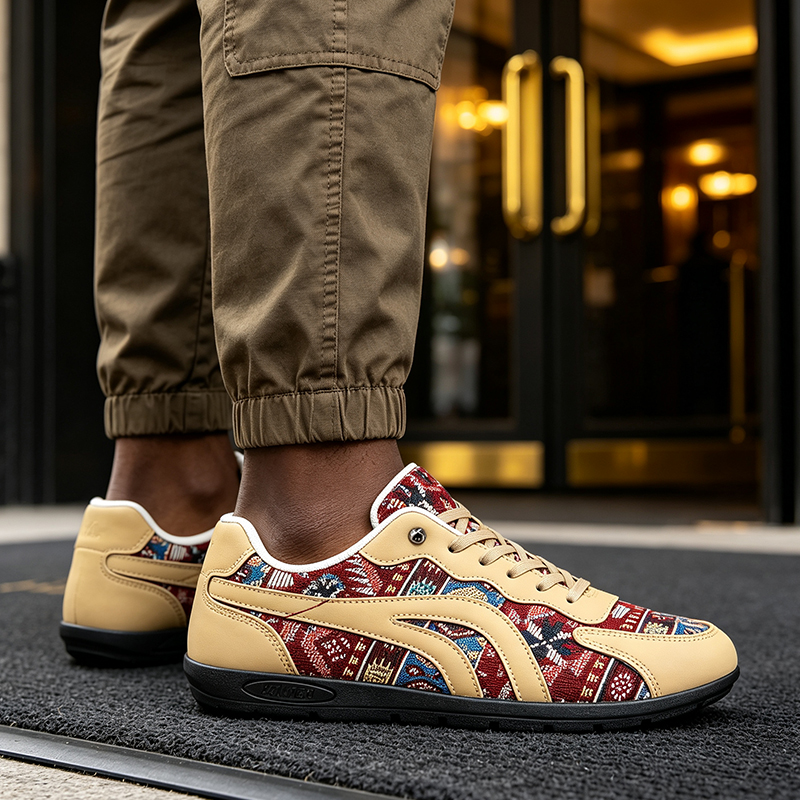 SXCHEN Men shoes Tribal Print Retro Sneakers, Red Yellow Geometric Pattern Lace-Up Shoes With Canvas & Faux Leather Upper, Comfort Cushioned Insole, Versatile Casual & Streetwear Footwear For Men's