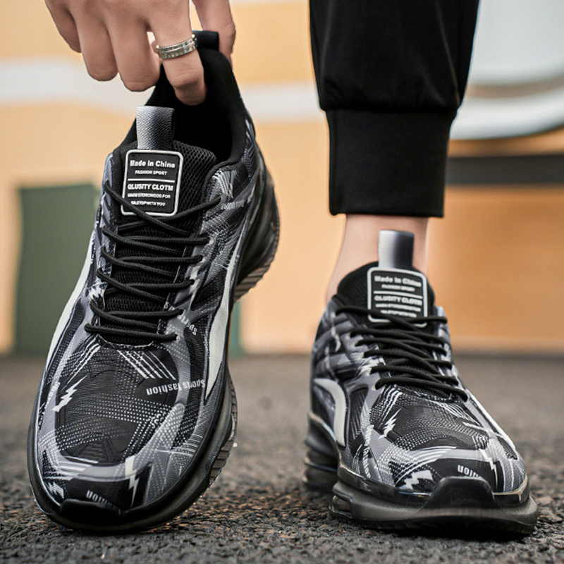 SXCHEN Men Shoes Sports Casual Printed Men's Cushion Running Shoe New Summer Flats Sneakers Breathable Fly Woven Mesh Upper, Lace Up Shock Absorb Non Slip Fashion Athletic For Fitness Outdoor Black