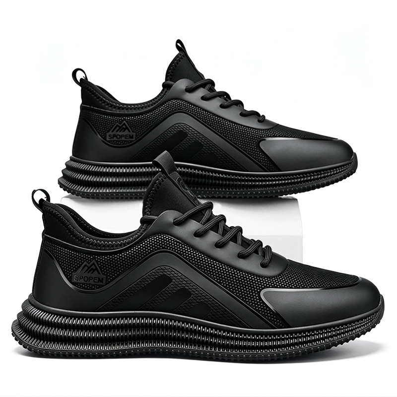 SXCHEN Men Shoes Casual Sneakers Running Shoe Low-Top Breathable Flat Sports Slip-on Business Synthetic Upper Lace Up Shock Absorb Thick Non Slip Sole Men's Work Outdoor Daily Walking Black