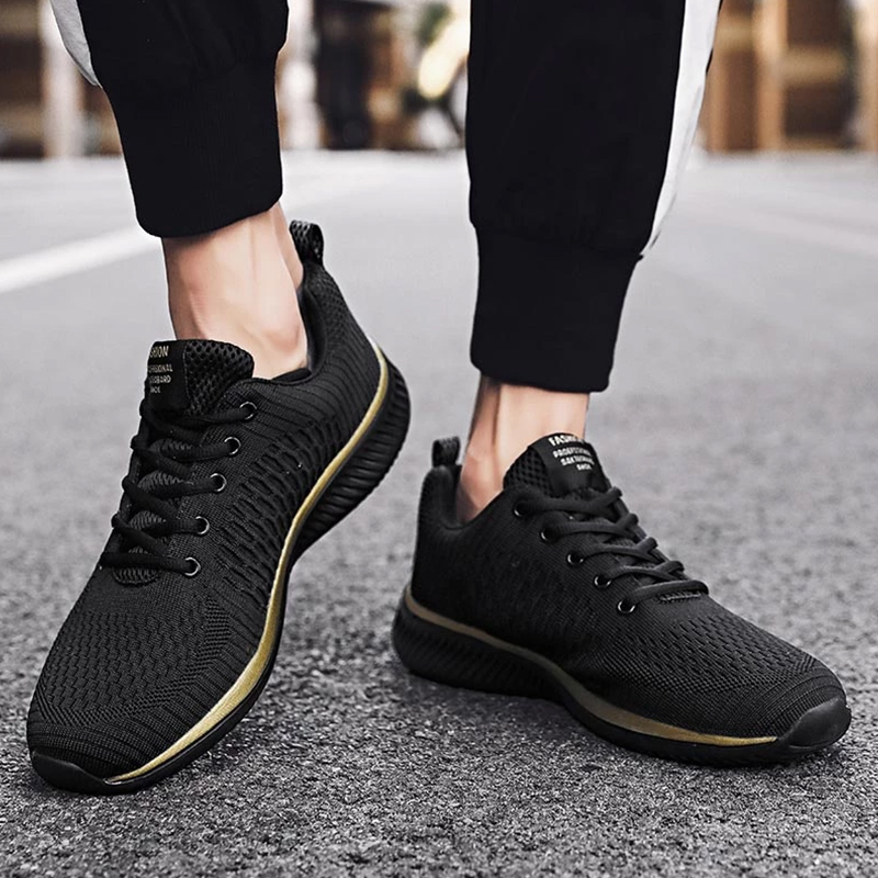 SXCHEN Men Shoes Fashion Casual Men's Sneakers Mesh Sports Shoe Breathable Air Permeable Knitted Surface Wear Resistant Comfort Cushion Insole Training Footwear For Commute Travel Outdoor Black Gold