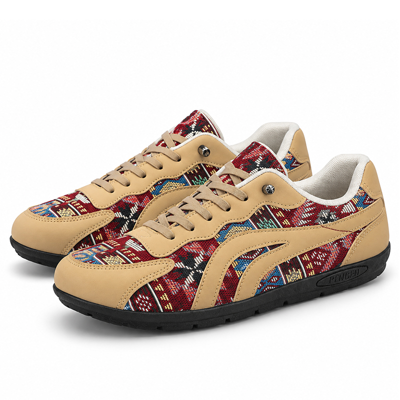 SXCHEN Men shoes Tribal Print Retro Sneakers, Red Yellow Geometric Pattern Lace-Up Shoes With Canvas & Faux Leather Upper, Comfort Cushioned Insole, Versatile Casual & Streetwear Footwear For Men's