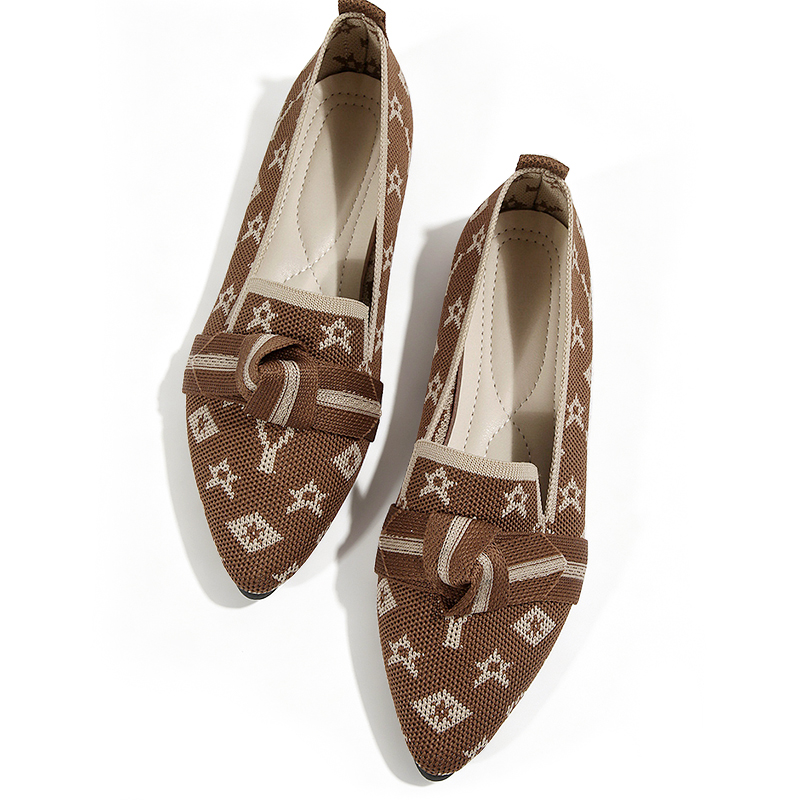 SXCHEN Women Shoes Flats Loafers Casual Slip-On Sneakers Canvas Flat shoe Brown Printed Knit Pointed Toe Bow Decor Breathable Stretch Woven Fabric Comfort Ladies Janey For Shopping Office Daily Wear