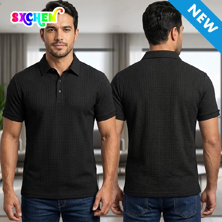 SXCHEN Men Clothes Casual Polo Shirts Men's Clothing T-Shirt Black Waffle Knit Short Sleeve Breathable Skin Friendly Fabric Slim Fit T-Shirt For Business Office Daily Outdoor Casual Wear