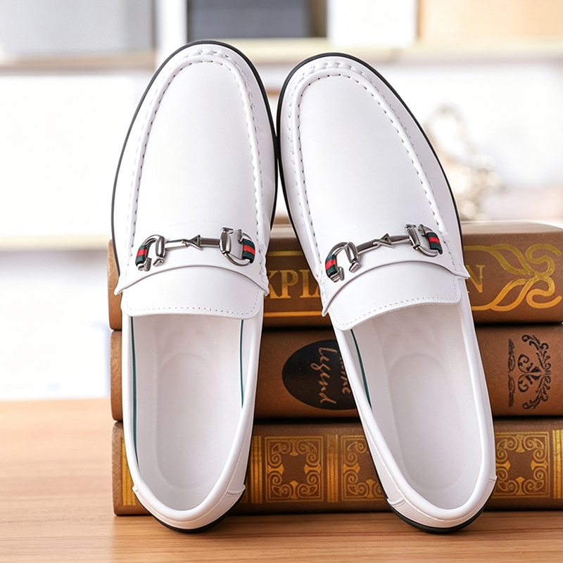 SXCHEN Men's White Casual Horsebit Loafers, Slip-On Faux Leather Shoes With Classic Metal Ornament And Web Detail, Comfort Cushioned Insole, Multiple Sizes,Trendy Office & Daily Wear Footwear For Guys