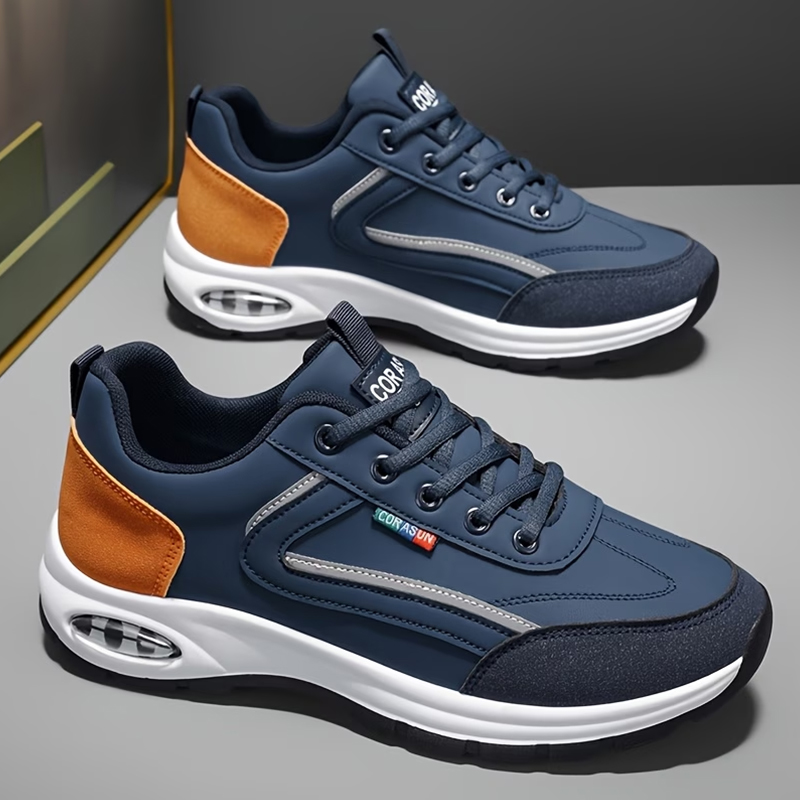 SXCHEN Men shoes Navy Blue & Tan Air Cushion Walking Sneakers, Lightweight Casual Shoes With Breathable Upper, Non-Slip Outsole, Cushioned Insole, Versatile Daily & Outdoor Footwear For Men's