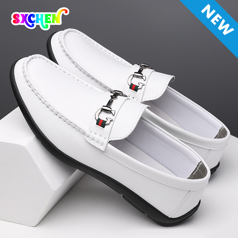 SXCHEN Men's White Casual Horsebit Loafers, Slip-On Faux Leather Shoes With Classic Metal Ornament And Web Detail, Comfort Cushioned Insole, Multiple Sizes,Trendy Office & Daily Wear Footwear For Guys