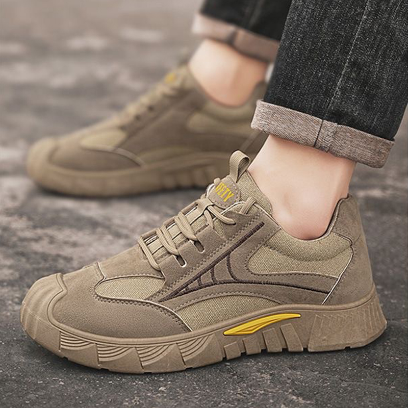 SXCHEN Men's Khaki Suede-Mesh Casual Work Sneakers, Lace-Up Reinforced Toe Shoes With Shock Absorbing Sole, Breathable Lightweight Design, Versatile Construction & Everyday Footwear For Men