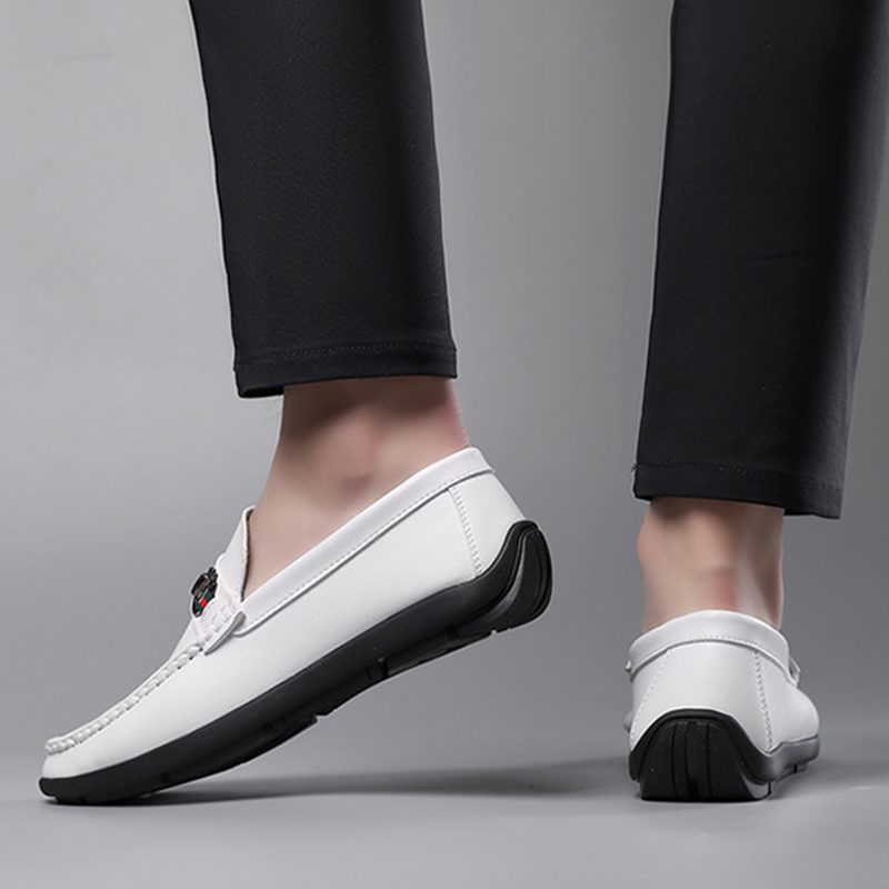 SXCHEN Men's White Casual Horsebit Loafers, Slip-On Faux Leather Shoes With Classic Metal Ornament And Web Detail, Comfort Cushioned Insole, Multiple Sizes,Trendy Office & Daily Wear Footwear For Guys