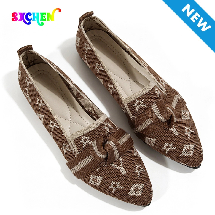 SXCHEN Women Shoes Flats Loafers Casual Slip-On Sneakers Canvas Flat shoe Brown Printed Knit Pointed Toe Bow Decor Breathable Stretch Woven Fabric Comfort Ladies Janey For Shopping Office Daily Wear