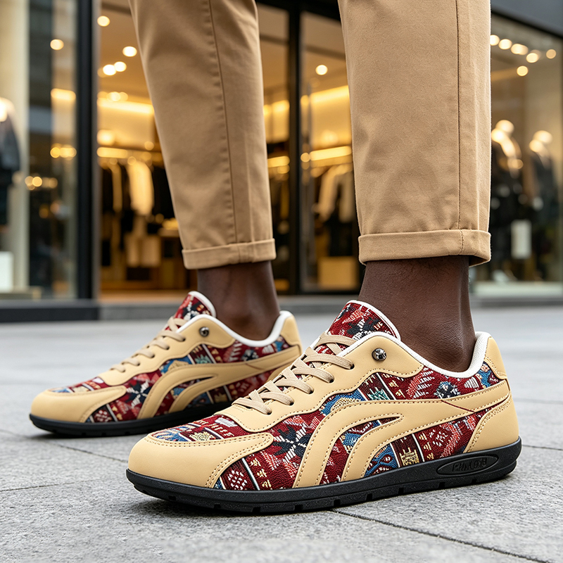 SXCHEN Men shoes Tribal Print Retro Sneakers, Red Yellow Geometric Pattern Lace-Up Shoes With Canvas & Faux Leather Upper, Comfort Cushioned Insole, Versatile Casual & Streetwear Footwear For Men's