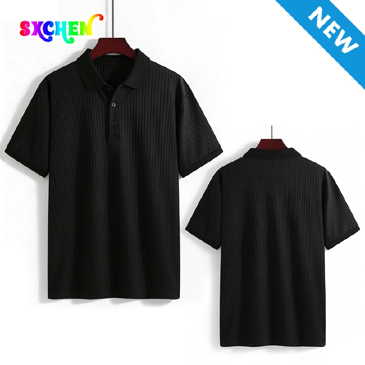 SXCHEN Men Clothes Black Vertical Ribbed Short Sleeve Polo Shirt T-Shirt Turn Down Collar Four Buttons Top Stretch Breathable Knit Fabric Muscle Slim Fit T-Shirt Men's Clothing Outdoor Casual Wear
