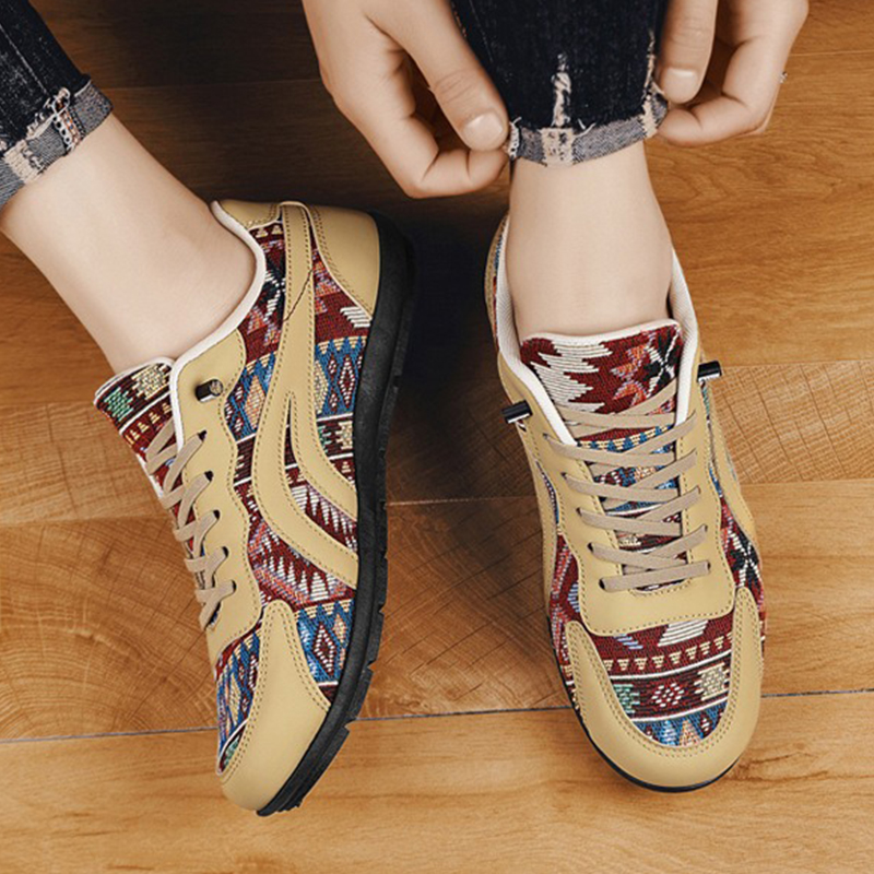 SXCHEN Men shoes Tribal Print Retro Sneakers, Red Yellow Geometric Pattern Lace-Up Shoes With Canvas & Faux Leather Upper, Comfort Cushioned Insole, Versatile Casual & Streetwear Footwear For Men's