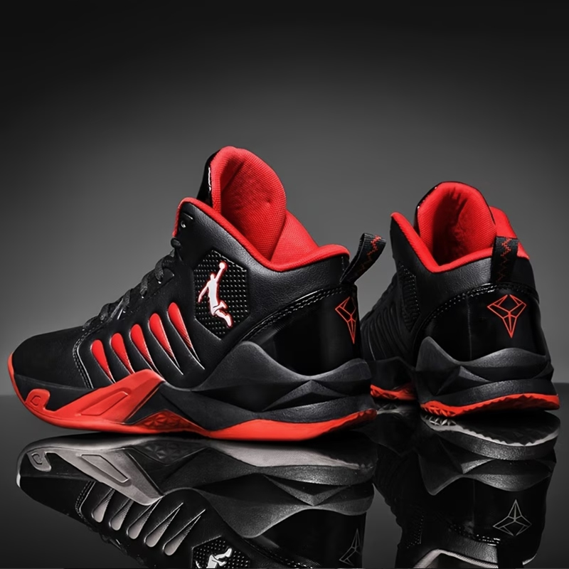 SXCHEN Men's Black Red High-Top Basketball Sneakers, Sport Logo Shoes With Shock Absorbing Midsole, Non-Slip Rubber Outsole, Plus Size Friendly, Training, Matches & Street Style Footwear For Men